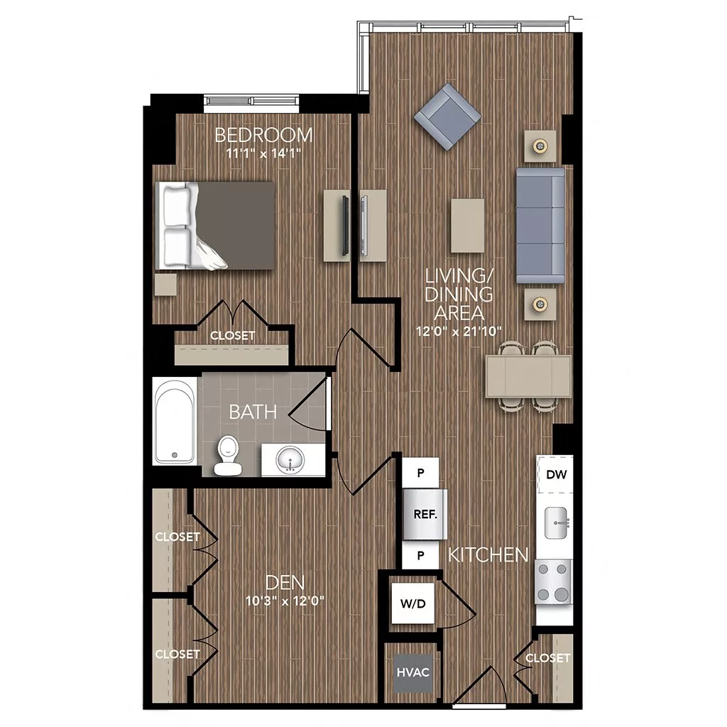 Rendering of the A8 Den floor plan with 1 bedroom[s] and 1 bathroom[s] at Union Place