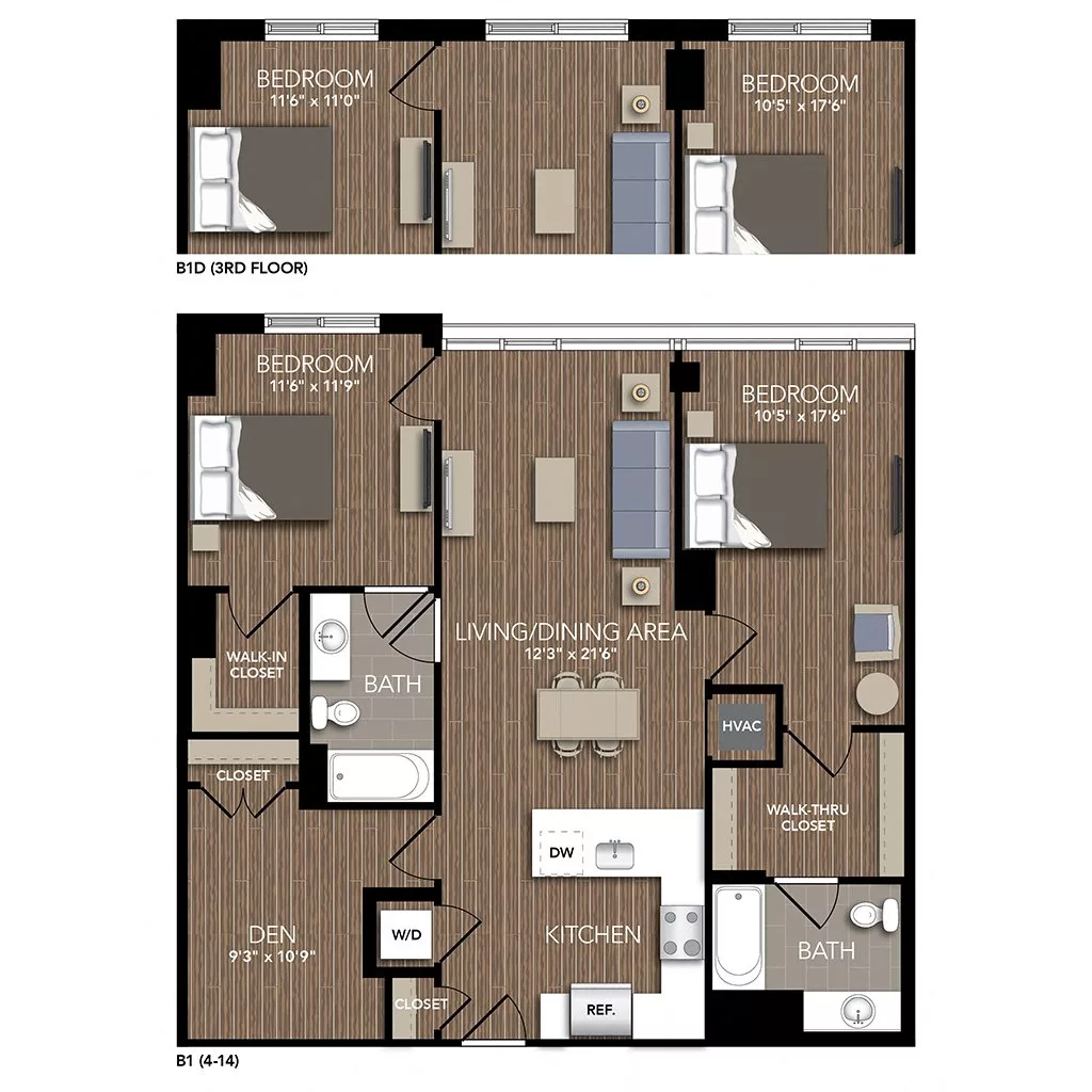 Rendering of the B1 Den floor plan with 2 bedroom[s] and 2 bathroom[s] at Union Place