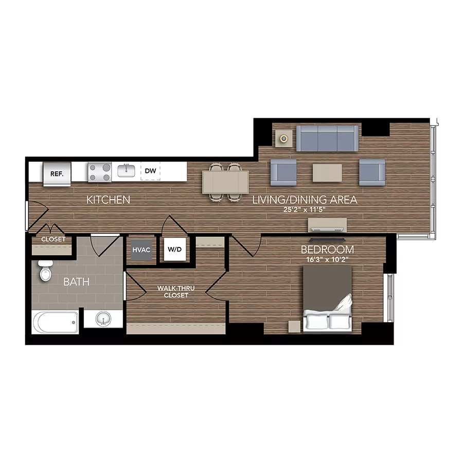 Rendering of the A5B floor plan with 1 bedroom[s] and 1 bathroom[s] at Union Place