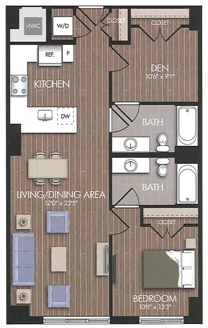 Rendering of the B6 Den floor plan with 1 bedroom[s] and 2 bathroom[s] at Union Place