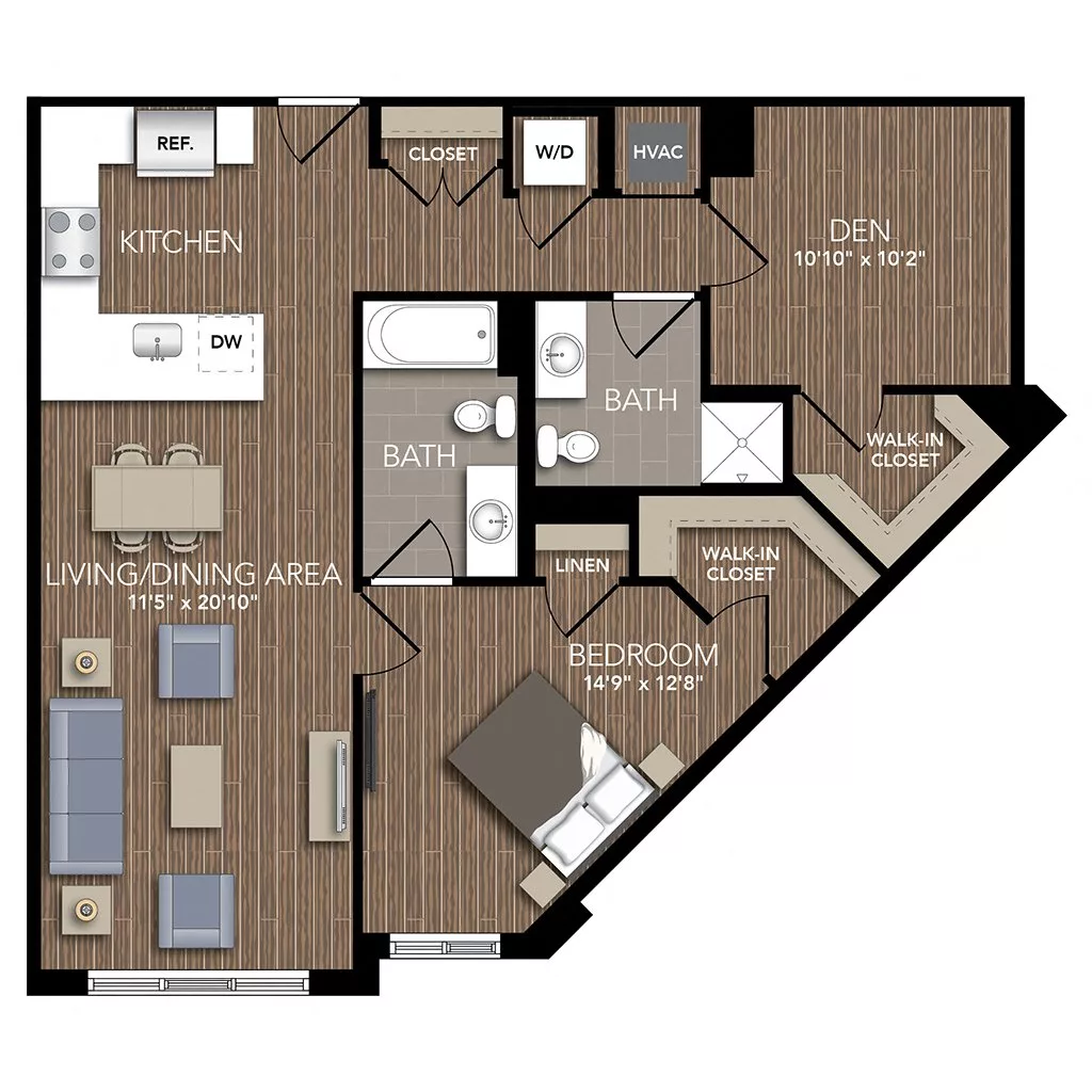 Rendering of the A13 Den floor plan with 1 bedroom[s] and 2 bathroom[s] at Union Place