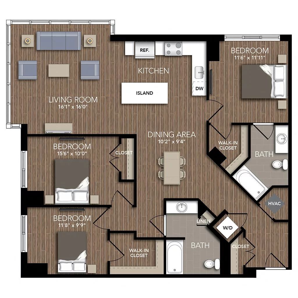 Rendering of the C1 floor plan with 3 bedroom[s] and 2 bathroom[s] at Union Place