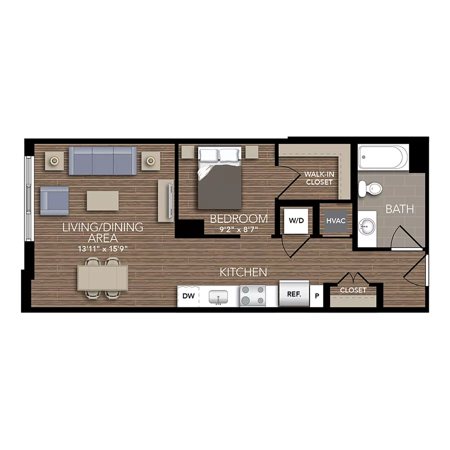 Rendering of the S2 floor plan with a Studio bedroom and 1 bathroom[s] at Union Place