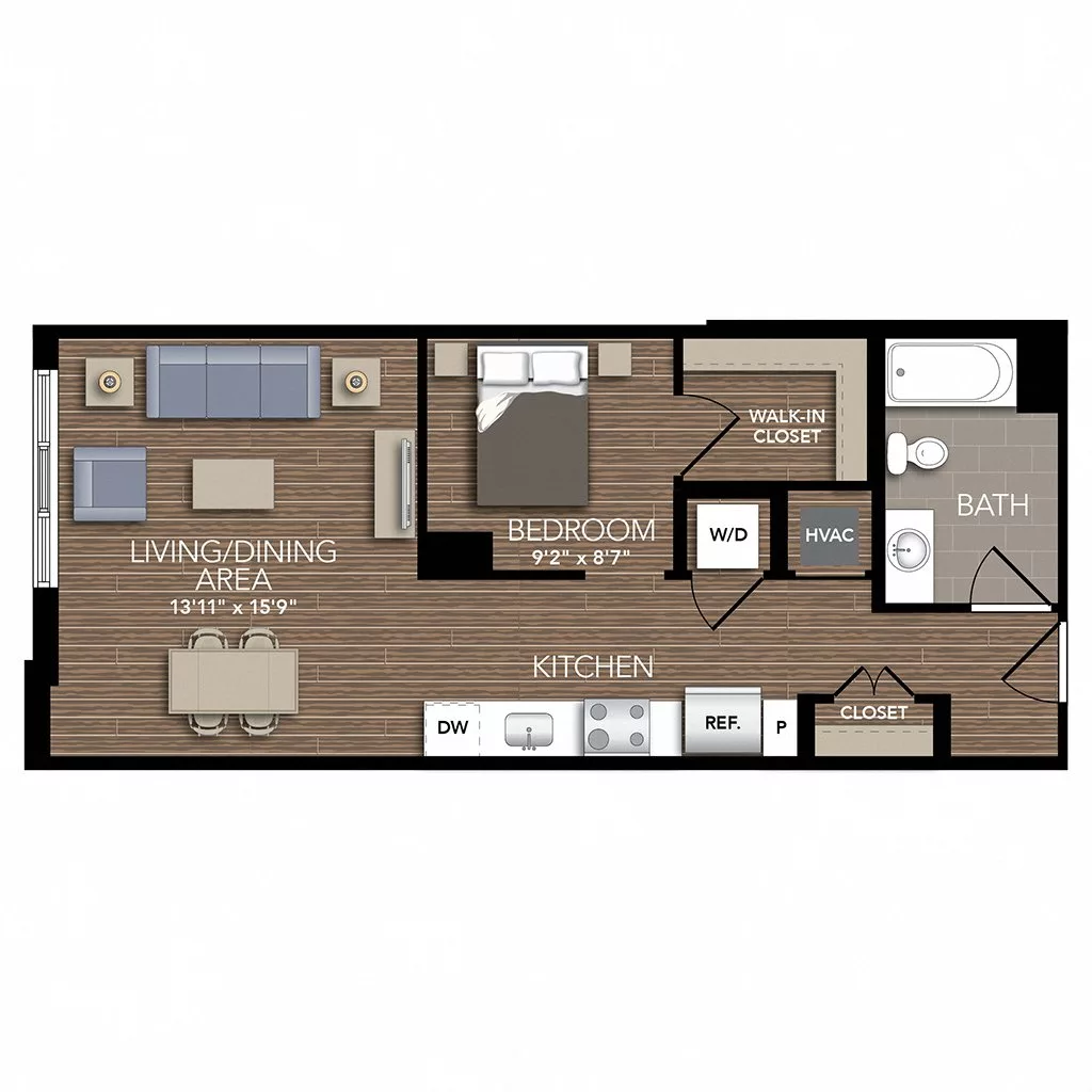 Rendering of the S2 floor plan with a Studio bedroom and 1 bathroom[s] at Union Place