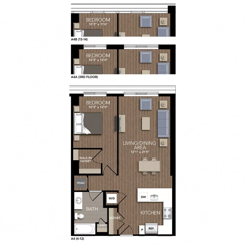 Rendering of the A4 floor plan with 1 bedroom[s] and 1 bathroom[s] at Union Place