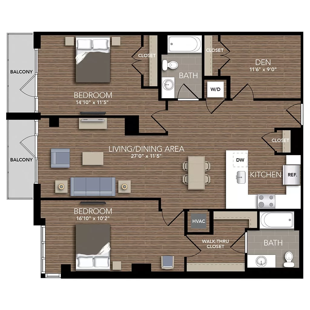 Rendering of the B5A Den floor plan with 2 bedroom[s] and 2 bathroom[s] at Union Place