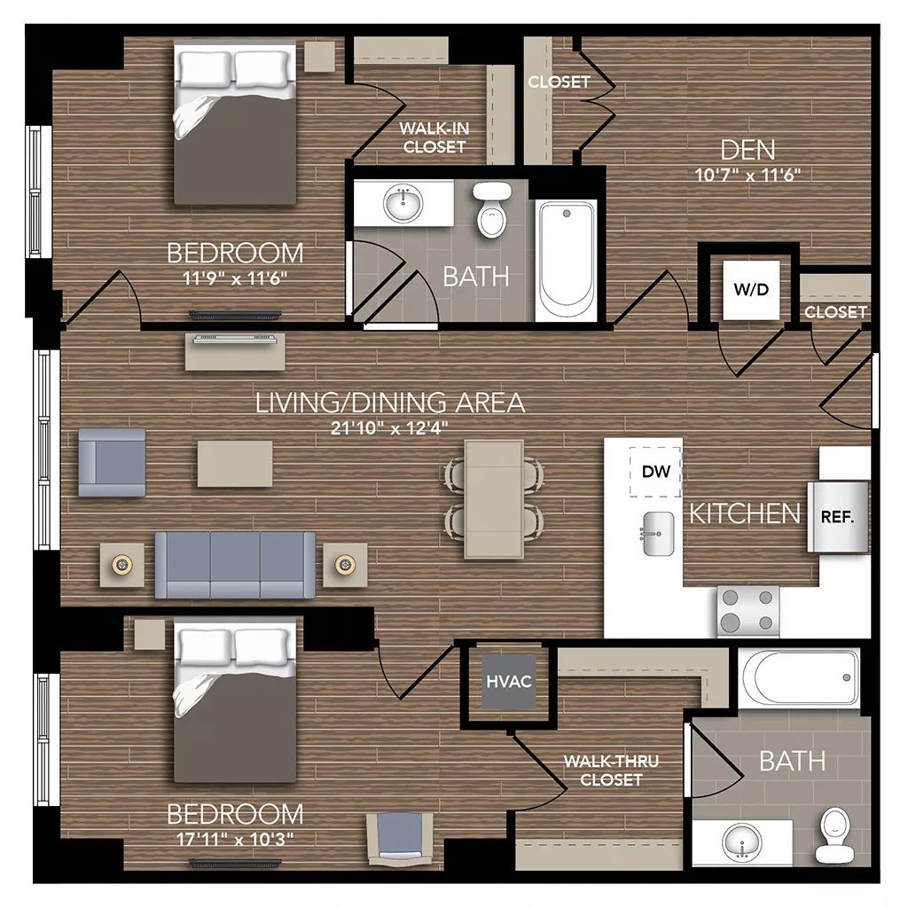 Rendering of the B1C Den floor plan with 2 bedroom[s] and 2 bathroom[s] at Union Place