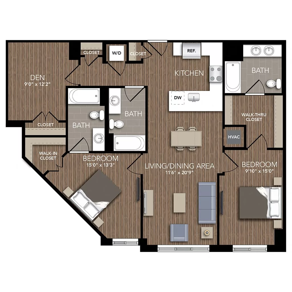 Rendering of the B3 Den floor plan with 2 bedroom[s] and 3 bathroom[s] at Union Place
