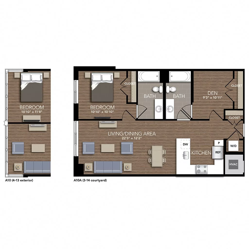 Rendering of the A10 Den floor plan with 1 bedroom[s] and 2 bathroom[s] at Union Place