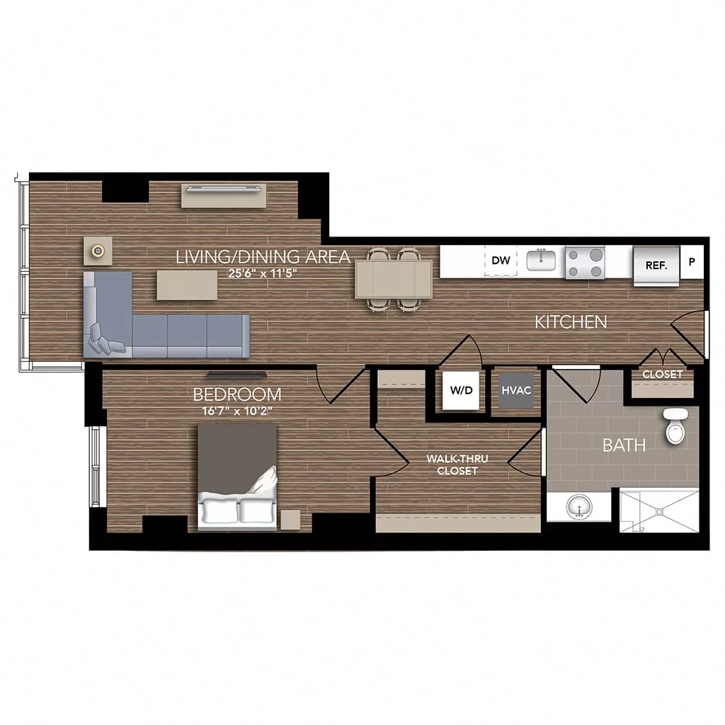 Rendering of the A5A floor plan with 1 bedroom[s] and 1 bathroom[s] at Union Place