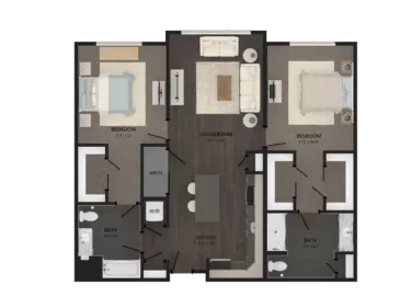 Rendering of the 2 Bed/2 Bath-B30 floor plan with 2 bedroom[s] and 2 bathroom[s] at Carraway