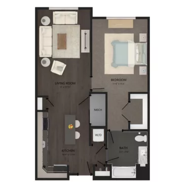 Rendering of the A10 floor plan with 1 bedroom[s] and 1 bathroom[s] at Carraway