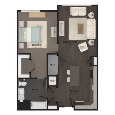 Rendering of the A14 floor plan with 1 bedroom[s] and 1 bathroom[s] at Carraway