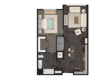 Rendering of the 1 Bed/1 Bath-A8 floor plan with 1 bedroom[s] and 1 bathroom[s] at Carraway