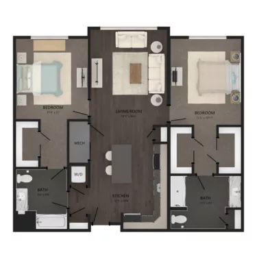 Rendering of the B9 floor plan with 2 bedroom[s] and 2 bathroom[s] at Carraway