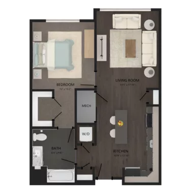 Rendering of the A13 floor plan with 1 bedroom[s] and 1 bathroom[s] at Carraway