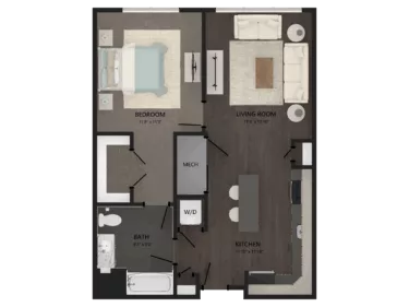 Rendering of the 1 Bed/1 Bath-A2 floor plan with 1 bedroom[s] and 1 bathroom[s] at Carraway