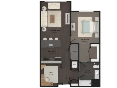 Rendering of the 1 Bed/1 Bath Den-A1D floor plan with 1 bedroom[s] and 1 bathroom[s] at Carraway