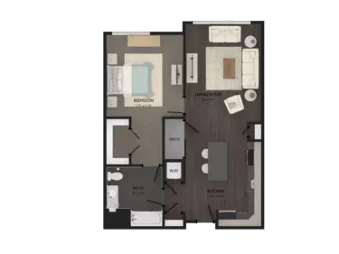 Rendering of the 1 Bed/1 Bath-A14 floor plan with 1 bedroom[s] and 1 bathroom[s] at Carraway