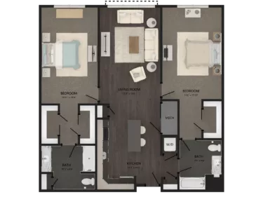 Rendering of the 2 Bed/2 Bath-B29 floor plan with 2 bedroom[s] and 2 bathroom[s] at Carraway