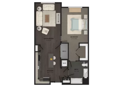 Rendering of the 1 Bed/1 Bath-A10 floor plan with 1 bedroom[s] and 1 bathroom[s] at Carraway