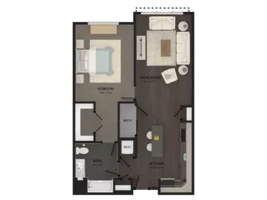 Rendering of the 1 Bed/1 Bath-A6 floor plan with 1 bedroom[s] and 1 bathroom[s] at Carraway