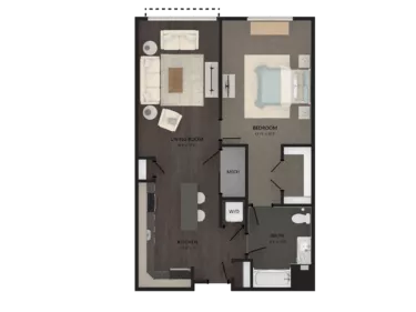 Rendering of the 1 Bed/1 Bath-A15 floor plan with 1 bedroom[s] and 1 bathroom[s] at Carraway