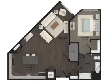 Rendering of the 1 Bed/1 Bath-A18 floor plan with 1 bedroom[s] and 1 bathroom[s] at Carraway