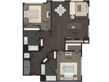 Rendering of the 2 Bed/2 Bath-B7 floor plan with 2 bedroom[s] and 2 bathroom[s] at Carraway