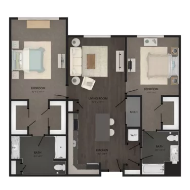 Rendering of the B13 floor plan with 2 bedroom[s] and 2 bathroom[s] at Carraway