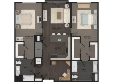 Rendering of the 2 Bed/2 Bath Den-B1D floor plan with 2 bedroom[s] and 2 bathroom[s] at Carraway