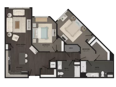Rendering of the 2 Bed/2 Bath-B18 floor plan with 2 bedroom[s] and 2 bathroom[s] at Carraway