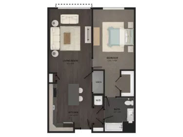 Rendering of the 1 Bed/1 Bath-A21 floor plan with 1 bedroom[s] and 1 bathroom[s] at Carraway