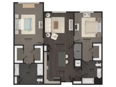 Rendering of the 2 Bed/2 Bath-B13 floor plan with 2 bedroom[s] and 2 bathroom[s] at Carraway
