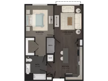 Rendering of the 1 Bed/1 Bath-A5 floor plan with 1 bedroom[s] and 1 bathroom[s] at Carraway