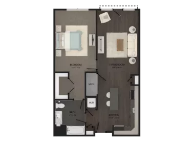 Rendering of the 1 Bed/1 Bath-A17 floor plan with 1 bedroom[s] and 1 bathroom[s] at Carraway