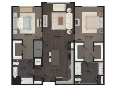 Rendering of the 2 Bed/2 Bath-B9 floor plan with 2 bedroom[s] and 2 bathroom[s] at Carraway