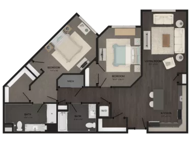 Rendering of the 2 Bed/2 Bath-B15 floor plan with 2 bedroom[s] and 2 bathroom[s] at Carraway
