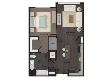 Rendering of the 1 Bed/1 Bath-A13 floor plan with 1 bedroom[s] and 1 bathroom[s] at Carraway