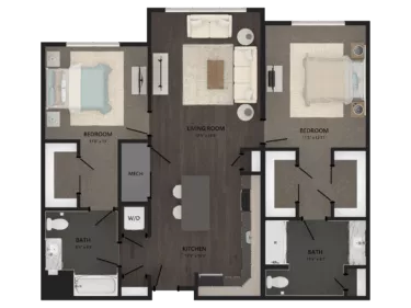 Rendering of the 2 Bed/2 Bath-B16 floor plan with 2 bedroom[s] and 2 bathroom[s] at Carraway