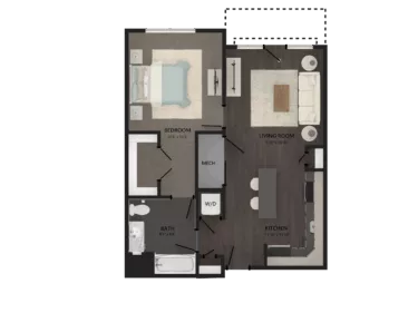 Rendering of the 1 Bed/1 Bath-A1 floor plan with 1 bedroom[s] and 1 bathroom[s] at Carraway