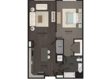 Rendering of the 1 Bed/1 Bath-A3 floor plan with 1 bedroom[s] and 1 bathroom[s] at Carraway
