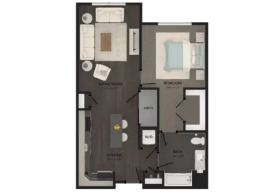 Rendering of the 1 Bed/1 Bath-A16 floor plan with 1 bedroom[s] and 1 bathroom[s] at Carraway