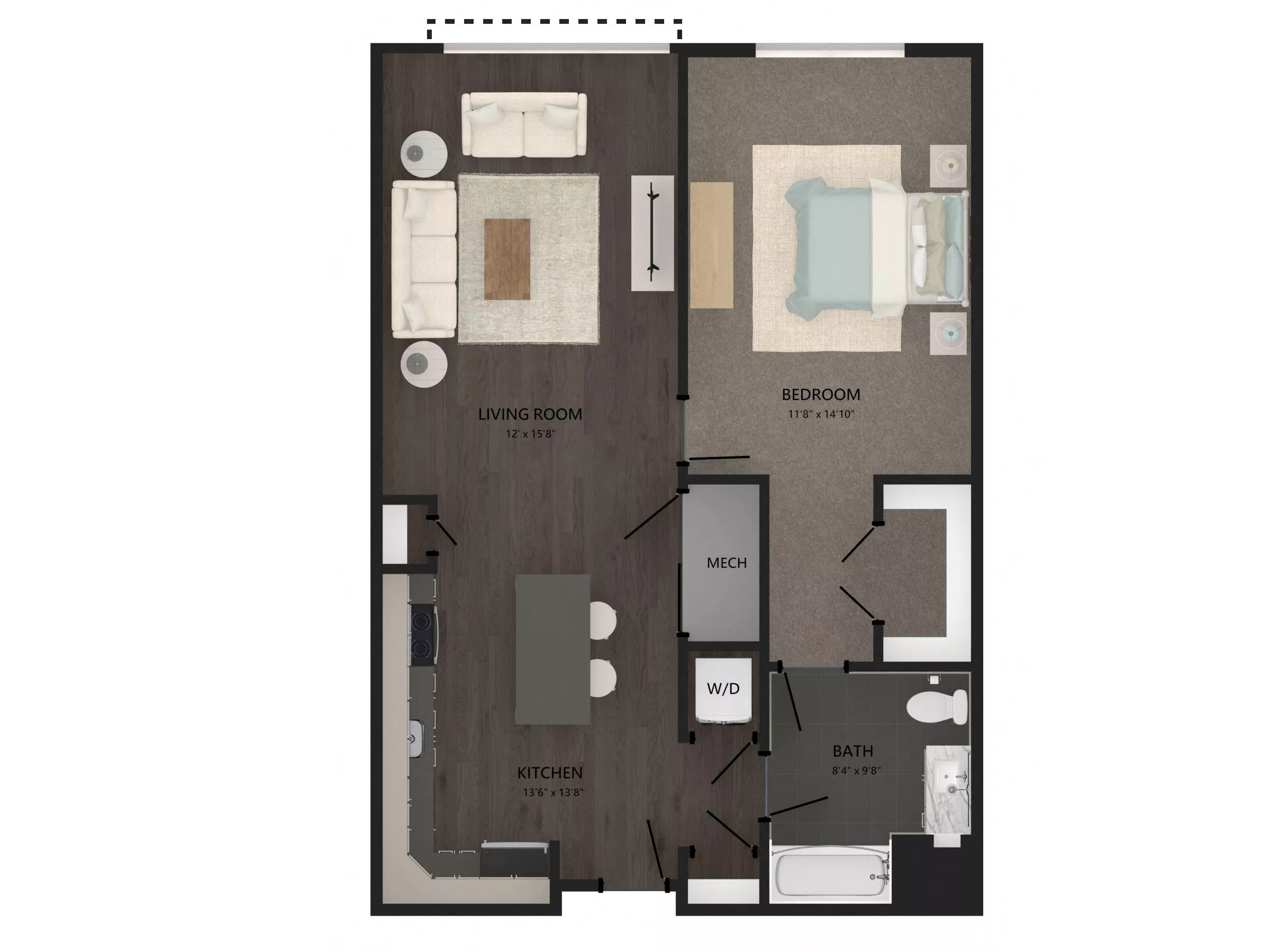 Rendering of the 1 Bed/1 Bath-A9 floor plan with 1 bedroom[s] and 1 bathroom[s] at Carraway