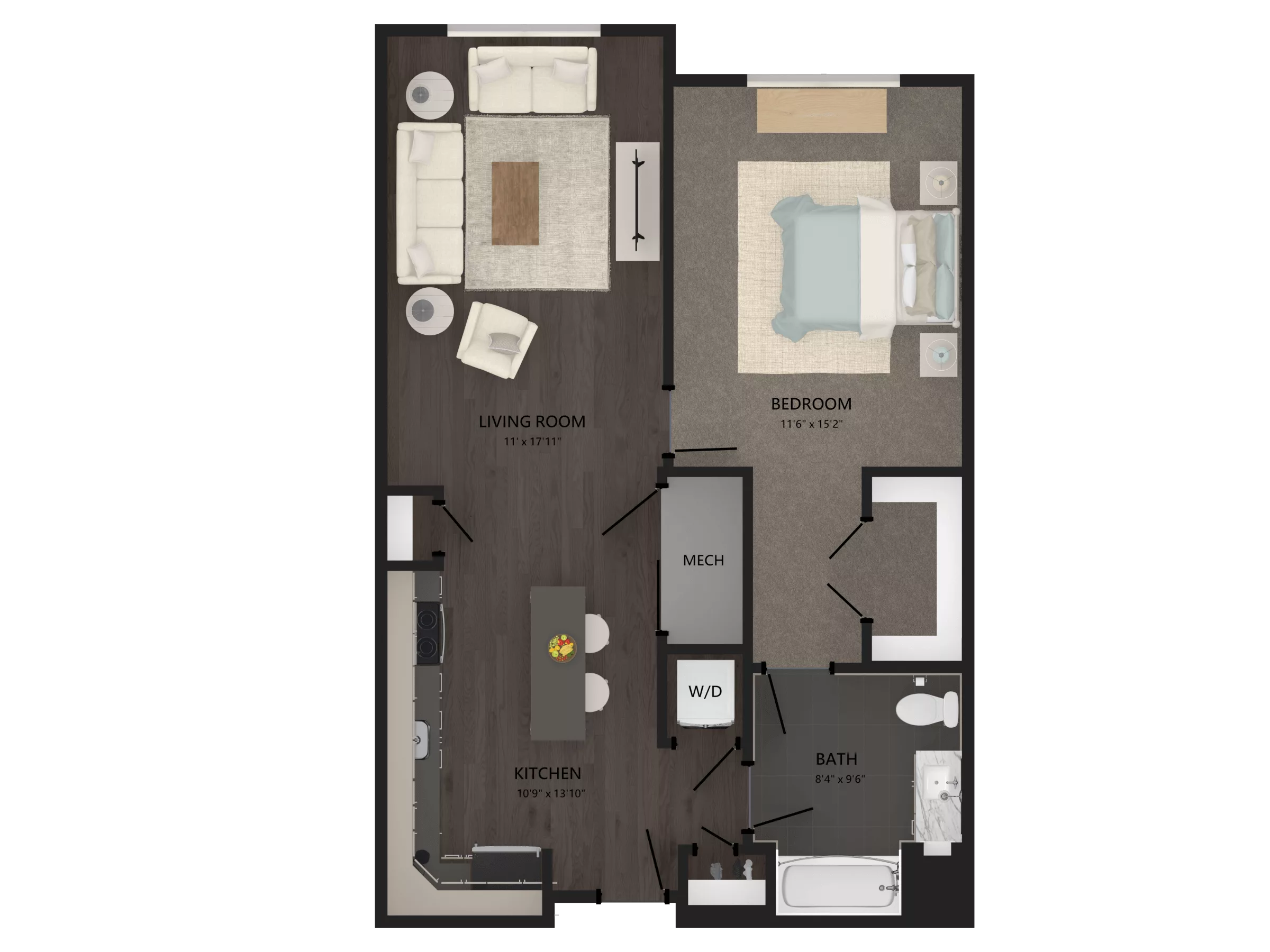 Rendering of the 1 Bed/1 Bath-A10 floor plan with 1 bedroom[s] and 1 bathroom[s] at Carraway