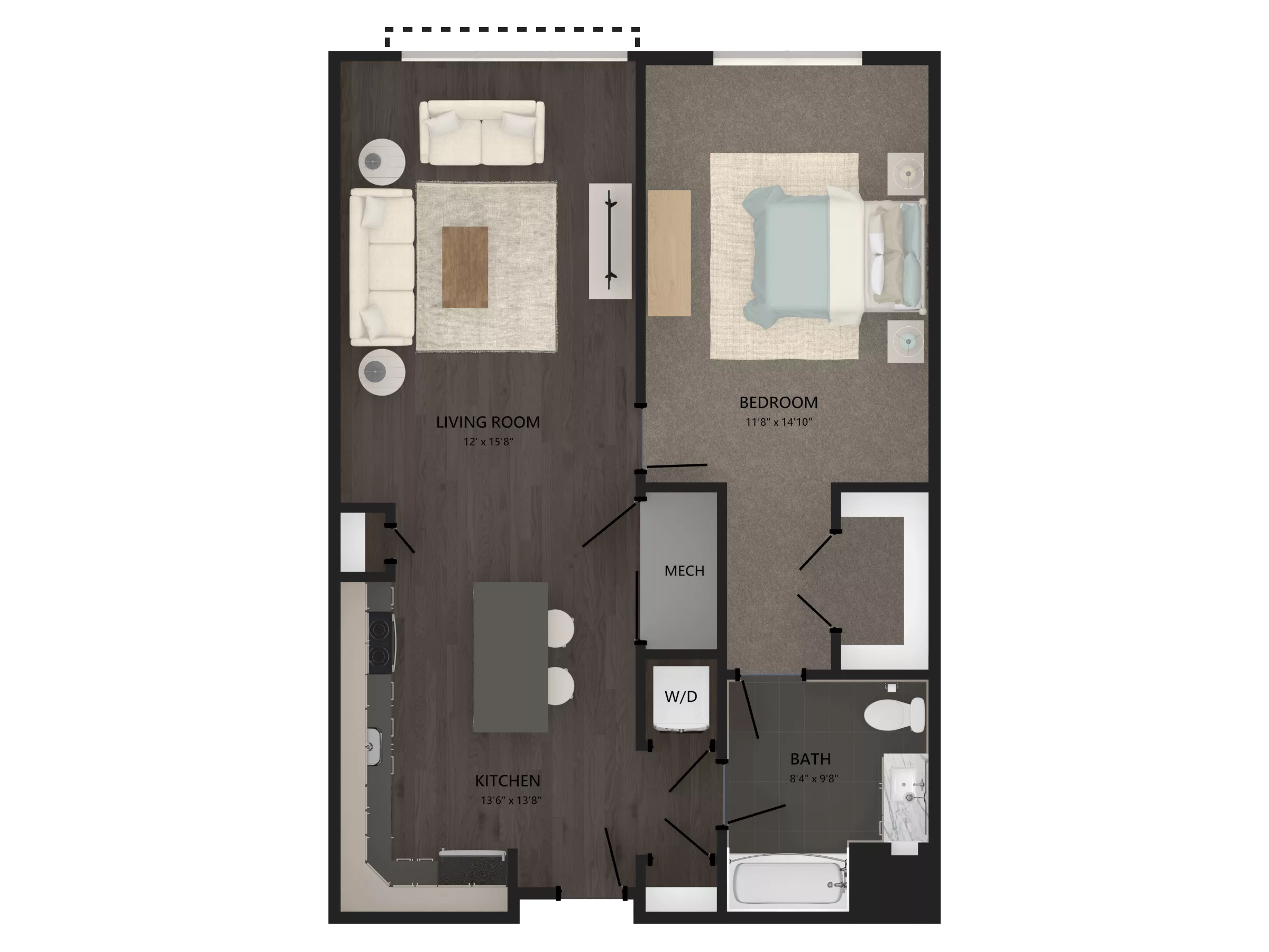 Rendering of the 1 Bed/1 Bath-A21 floor plan with 1 bedroom[s] and 1 bathroom[s] at Carraway