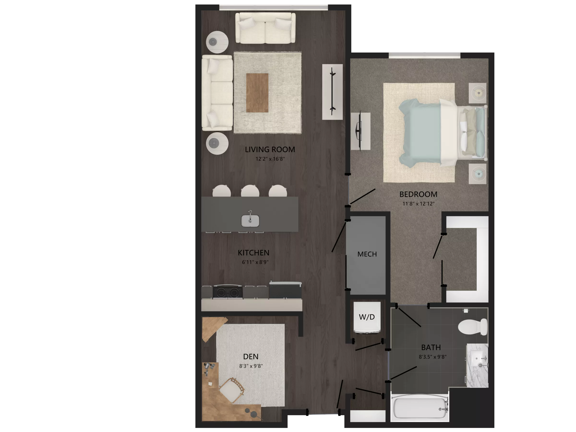 Rendering of the 1 Bed/1 Bath Den-A1D floor plan with 1 bedroom[s] and 1 bathroom[s] at Carraway