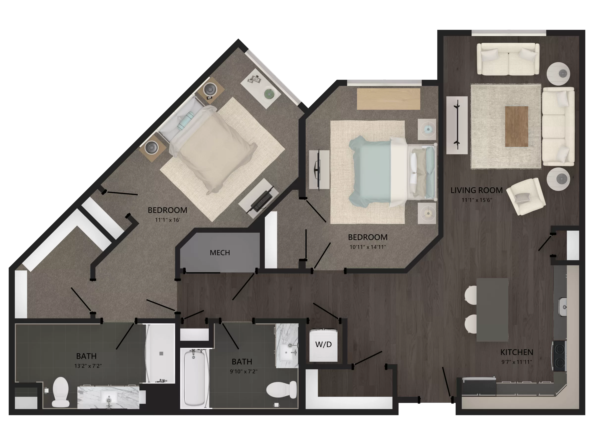 Rendering of the 2 Bed/2 Bath-B15 floor plan with 2 bedroom[s] and 2 bathroom[s] at Carraway