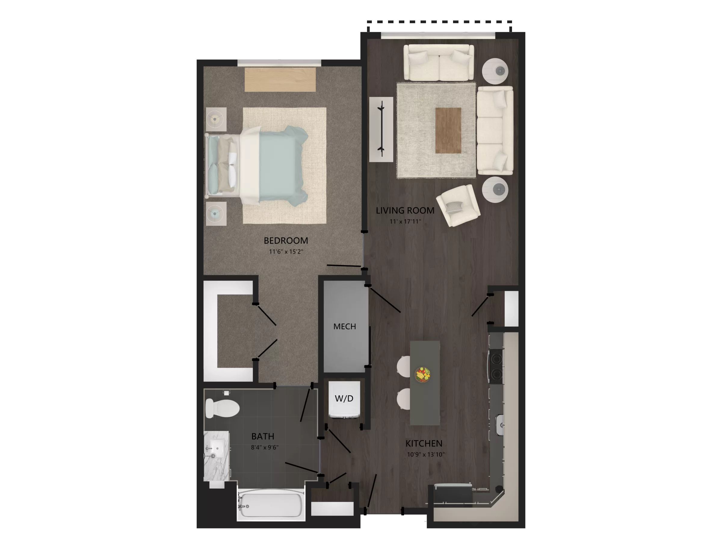 Rendering of the 1 Bed/1 Bath-A6 floor plan with 1 bedroom[s] and 1 bathroom[s] at Carraway