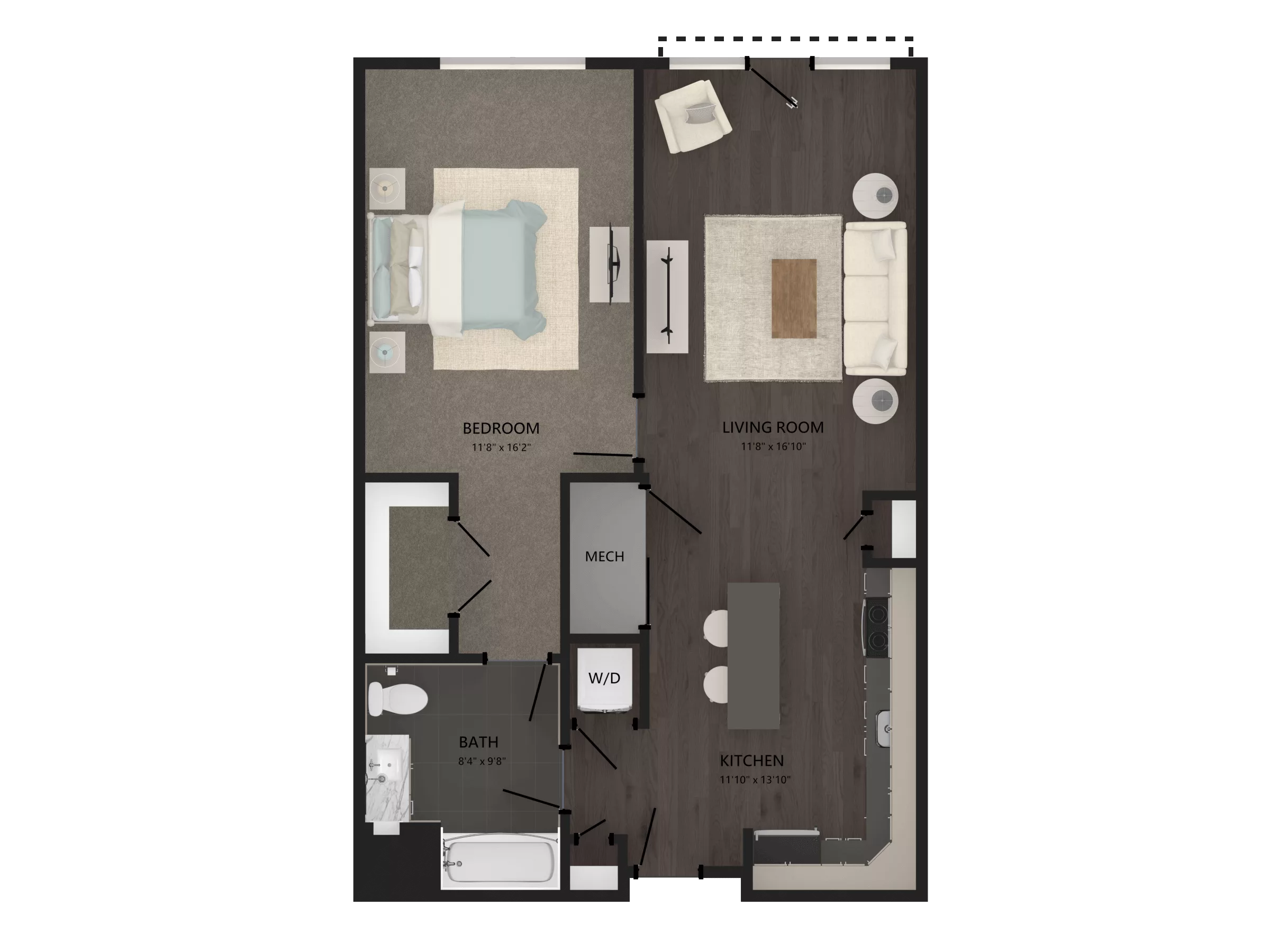 Rendering of the 1 Bed/1 Bath-A17 floor plan with 1 bedroom[s] and 1 bathroom[s] at Carraway